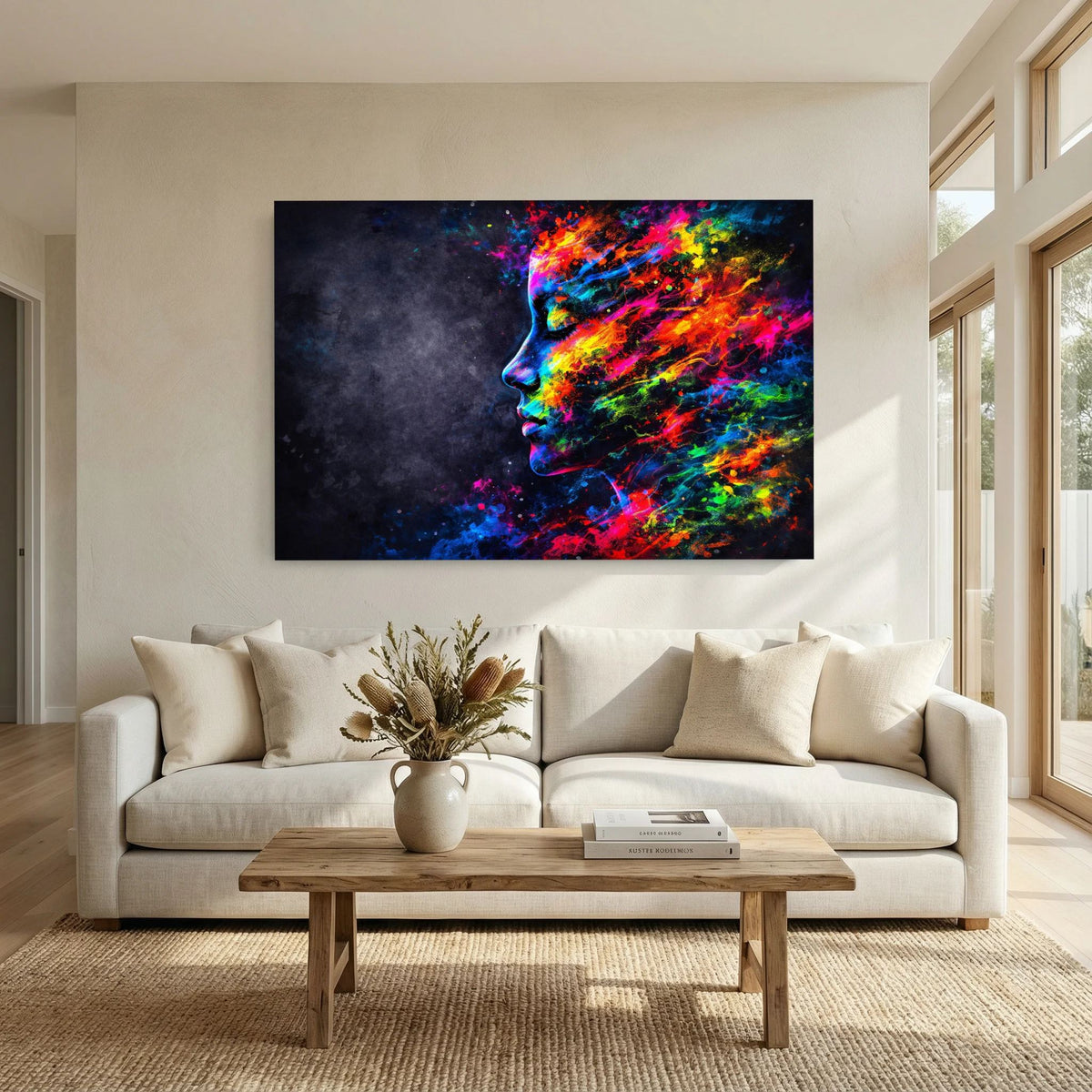 Abstraktes Wandbild mit farbigem Frauenprofil und Farbexplosion, Querformat, dunkler Hintergrund.