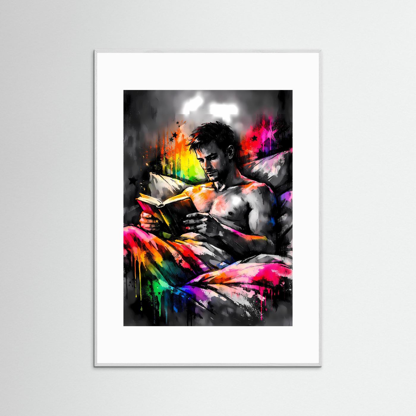 Die Kunst des Wissens | Abstraktes Lese-Poster mit männlicher Silhouette & Regenbogen-Farben | Modernes Pop-Art Kunstposter Hochformat