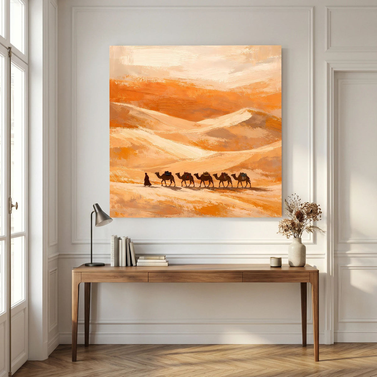 Leinwand-Wandbild mit hellem Holzrahmen: abstrakte Wüste, dunkle Karawane vor hellen Dünen