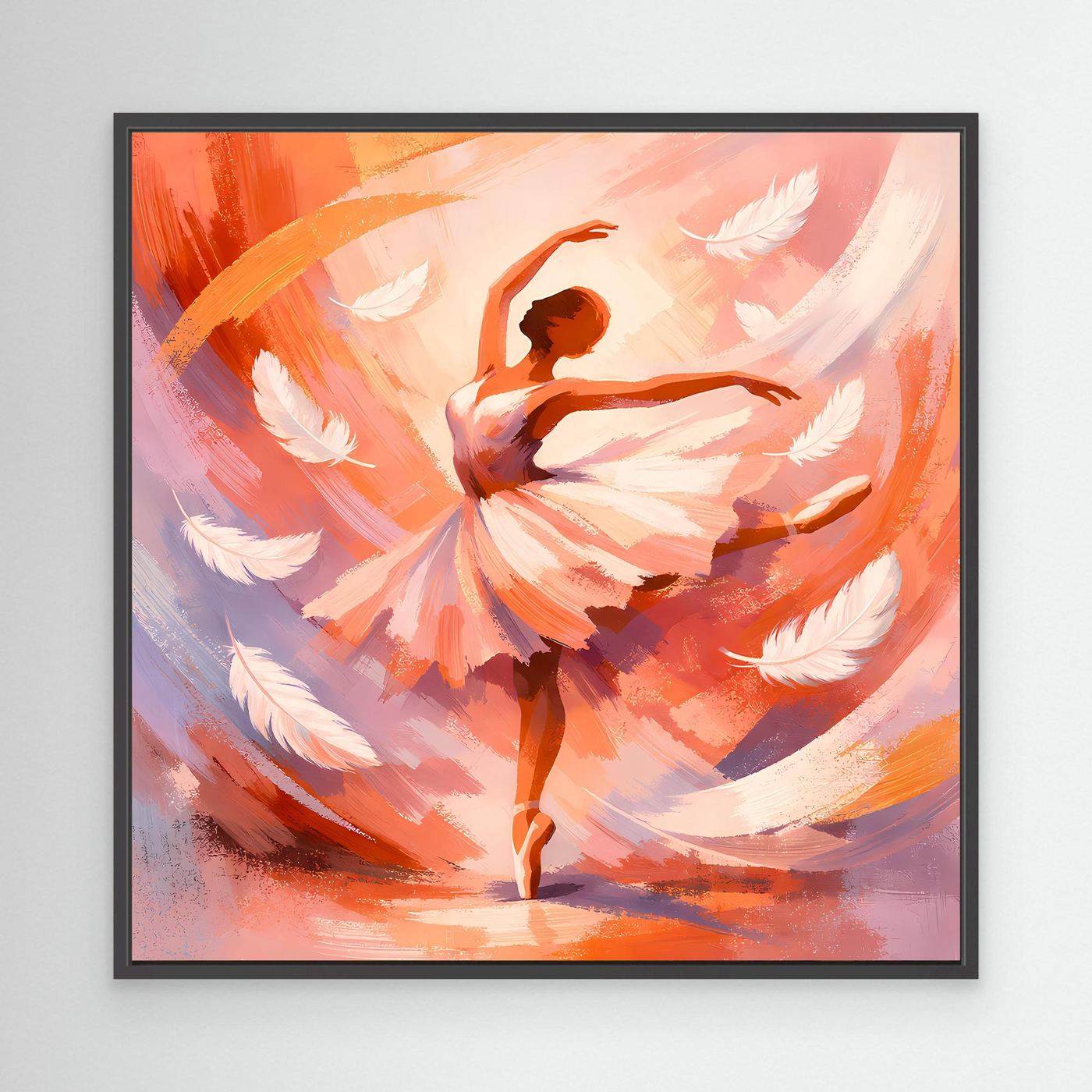 Abstraktes Leinwandbild mit Ballerina in warmen Orange- und Pinktönen, schwarzer Rahmen