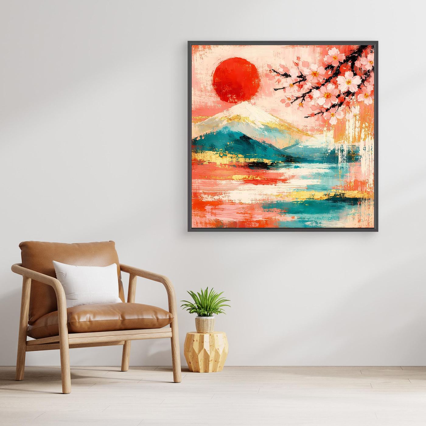 Abstraktes Leinwandbild mit roter Sonne, Kirschblüten und Landschaftsmotiv im schwarzen Rahmen