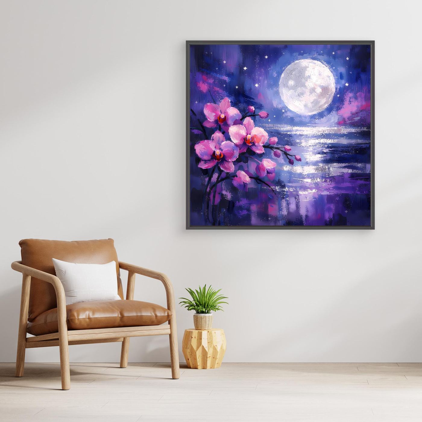 Leinwand-Wandbild: Vollmond, violetter Horizont mit Spiegelung, rosa Orchideen im Bild