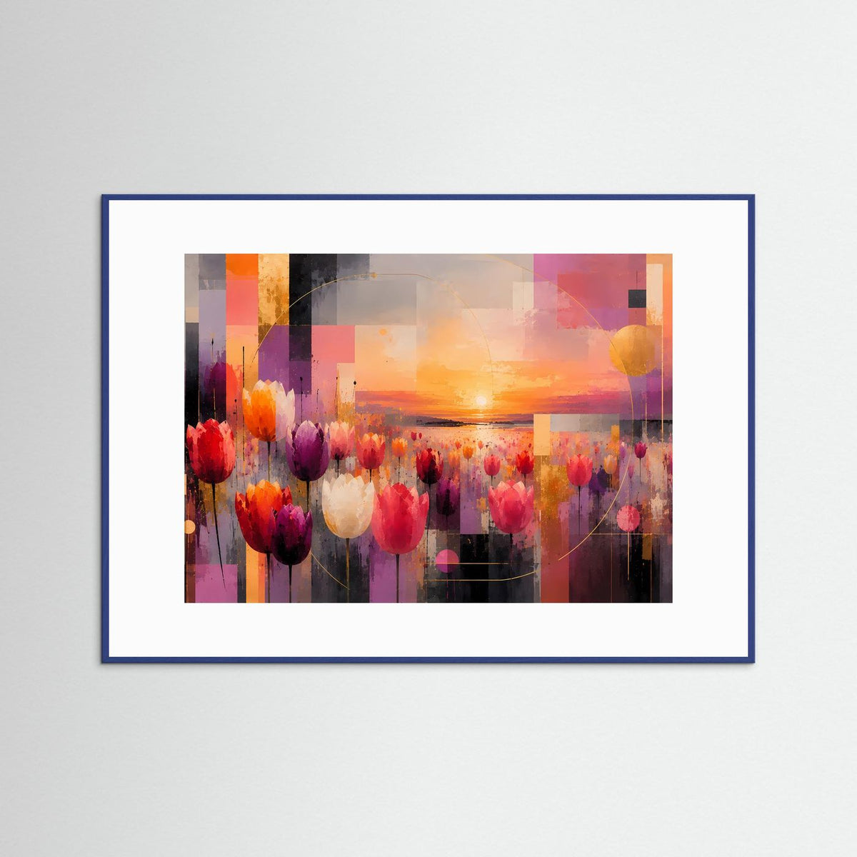 Querformat-Poster mit abstrakten Tulpen und Sonnenuntergang, blauer Rahmen