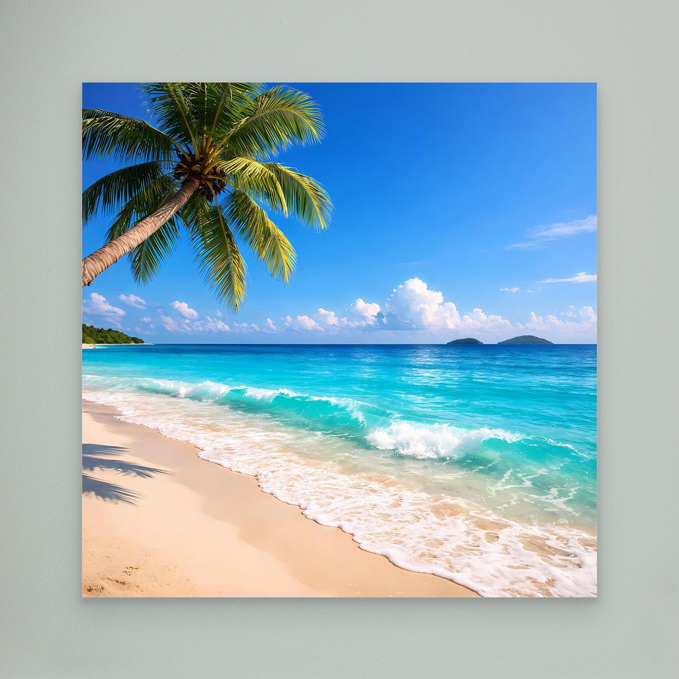 Leinwandbild Strand mit Palme und türkisfarbenem Meer, schäumende Wellen am Ufer