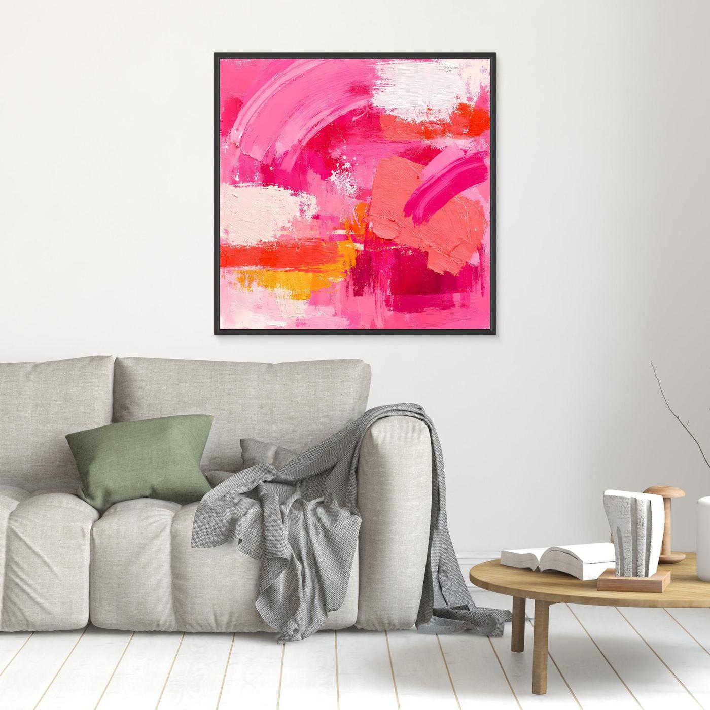 Leinwand-Wandbild, abstrakt mit Pink- und Orangetönen sowie weißen Flächen; schwarzer Rahmen
