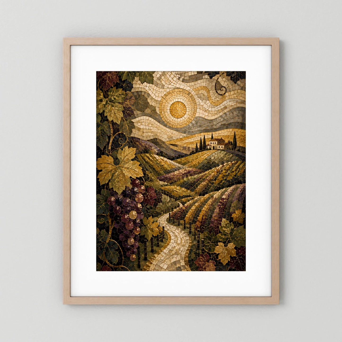 Gerahmtes Hochformat-Poster mit hellem Holzrahmen und weißem Passepartout, Mosaik-Weinlandschaft
