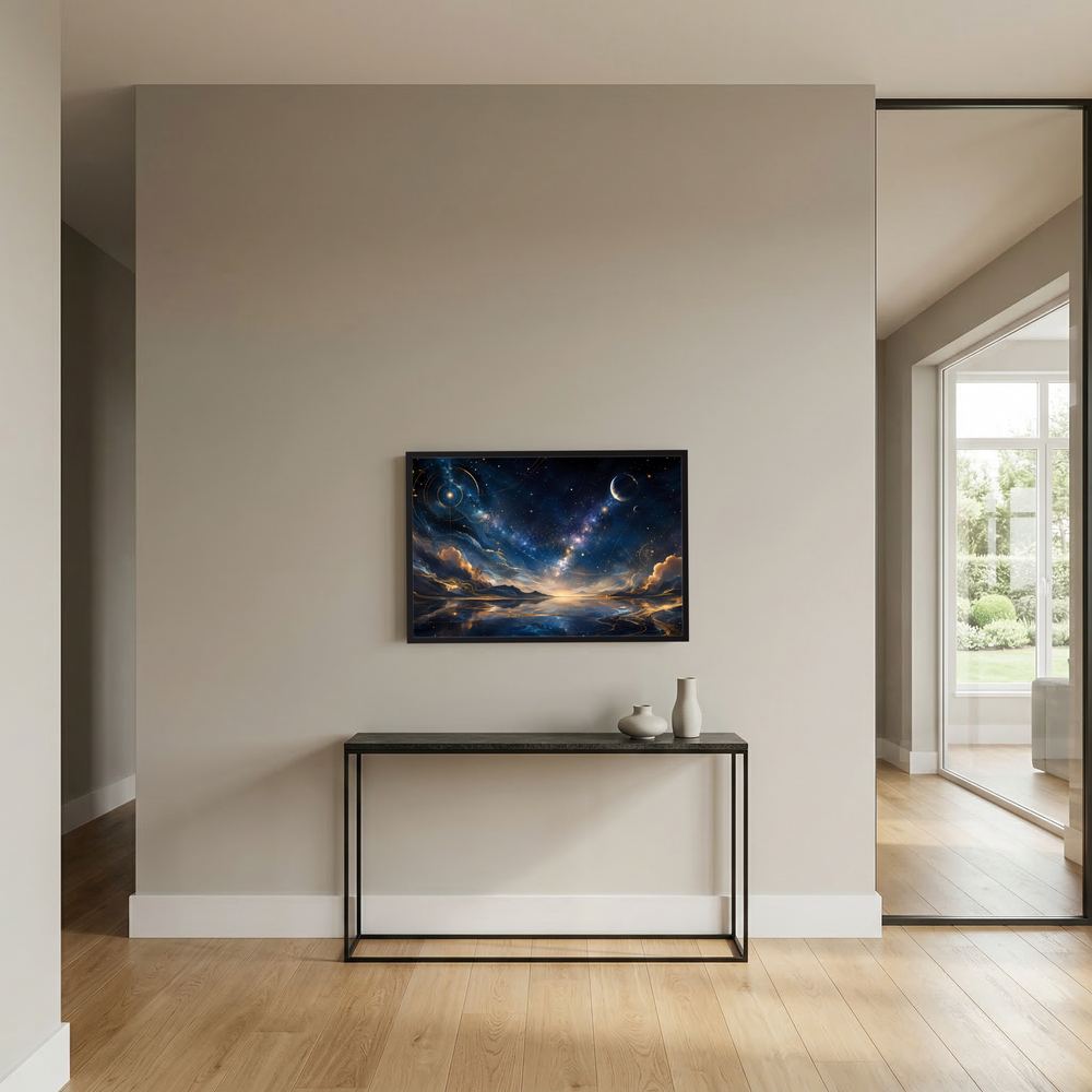 Wandkunst mit kosmischer Landschaft, Sternen und Planeten in Blau und Gold, Querformat im schwarzen Rahmen