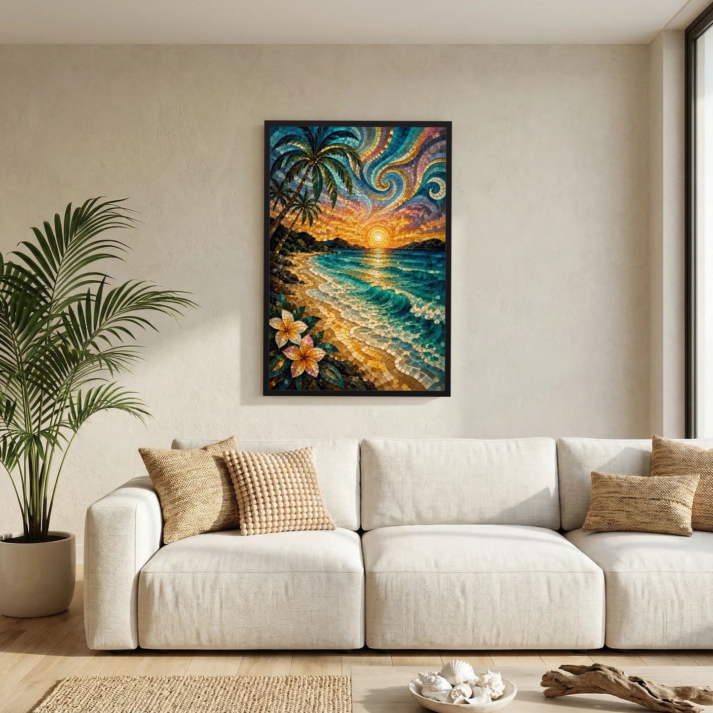 Wandposter im schwarzen Rahmen mit Mosaikbild von Strand, Meer, Palmen und Sonnenuntergang.