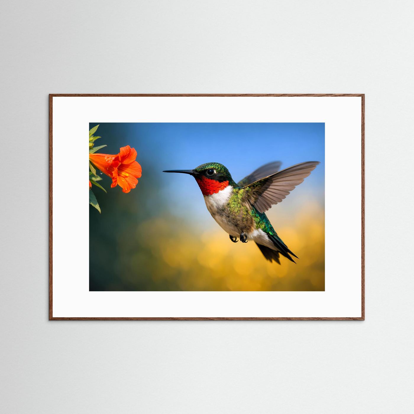 Kolibri-Poster mit orangefarbener Blüte, fliegender Vogel im Querformat, brauner Rahmen
