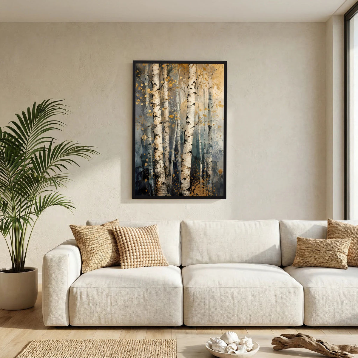 Hochformatiger Posterprint mit abstrakten Birken in Beige, Grau und Blau, schwarzer Rahmen