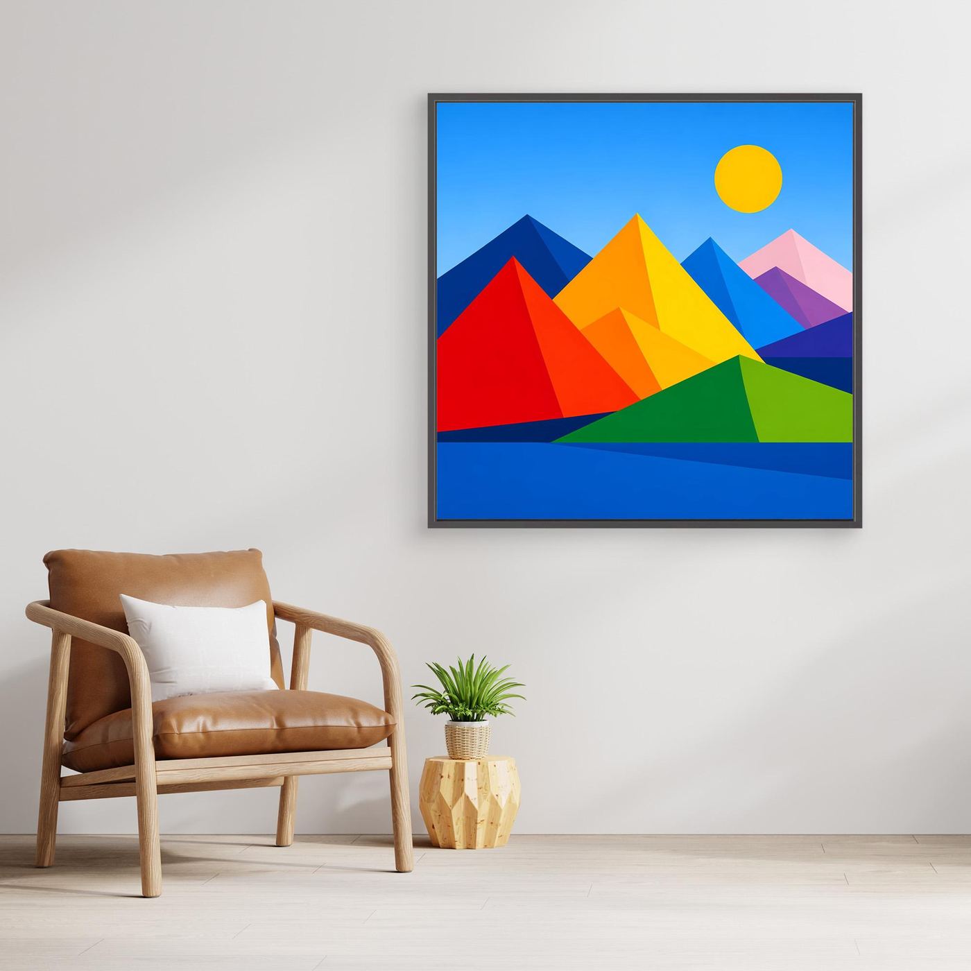 Quadratisches Leinwandbild mit geometrischer Berglandschaft, kräftige Farbflächen und Sonne.
