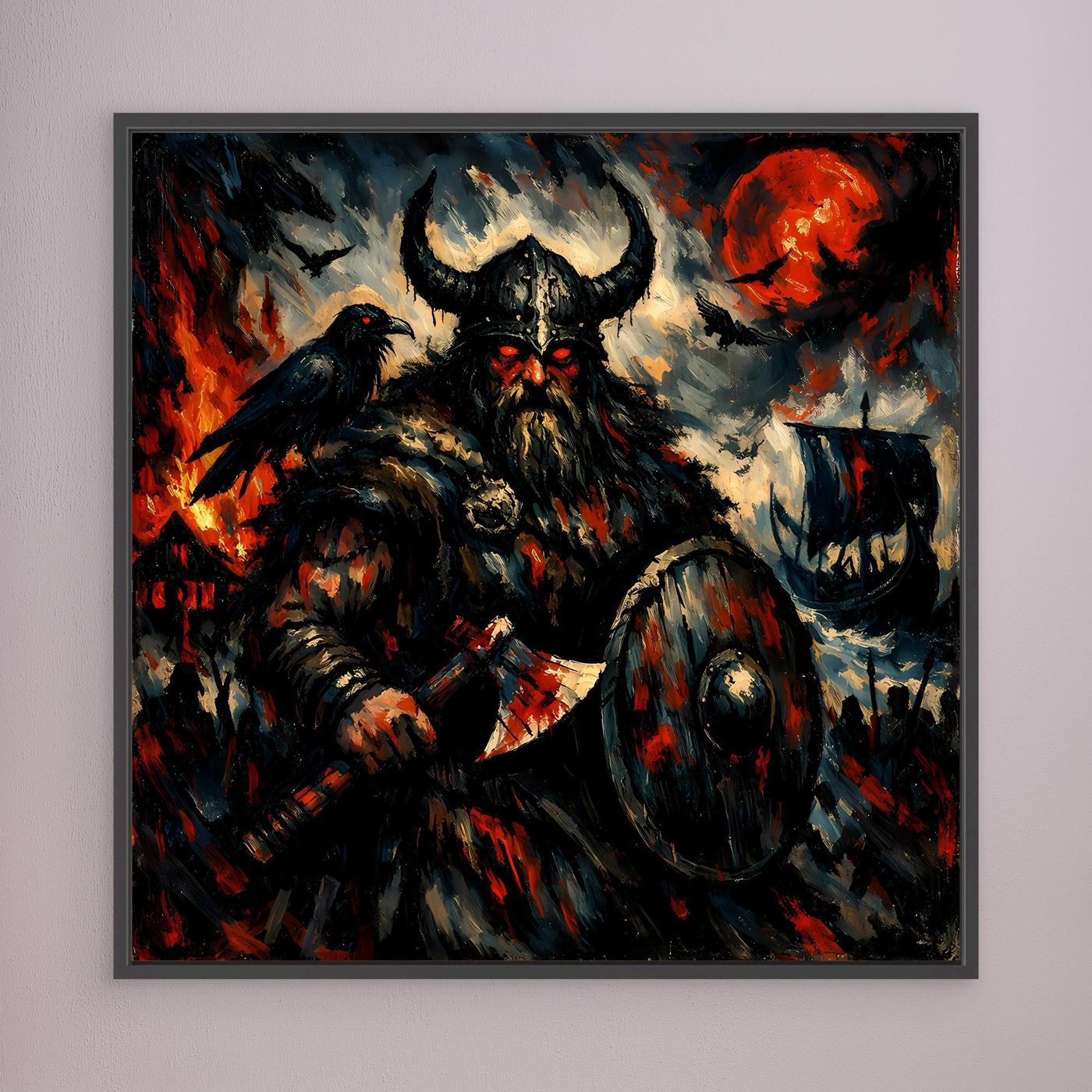 Leinwand Düsterer Wikinger-Krieger unter dem Blutmond | Expressives Nordmann Wandbild