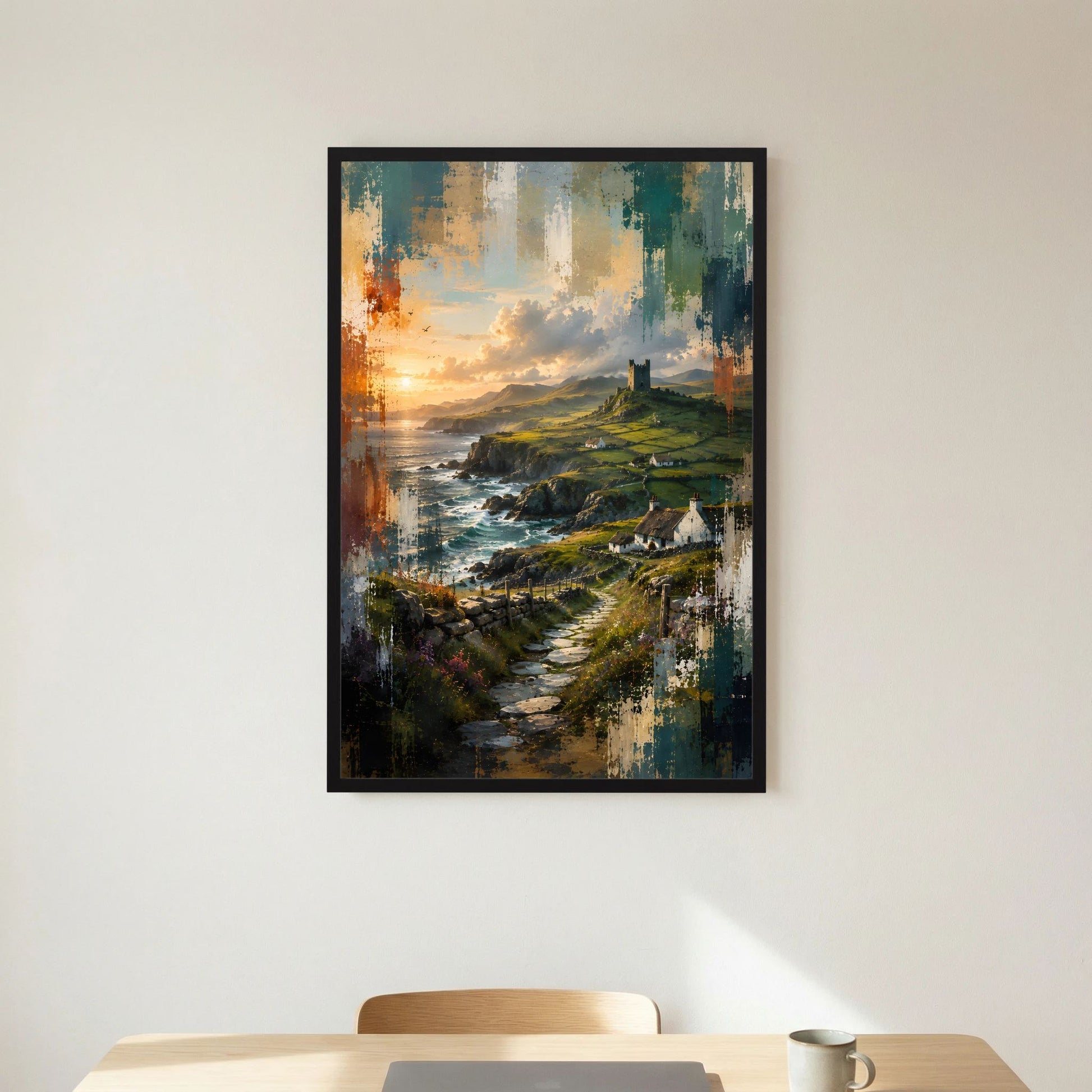 Landschaftsposter im Hochformat: Küstenweg an der See mit Burgturm, schwarzer Rahmen