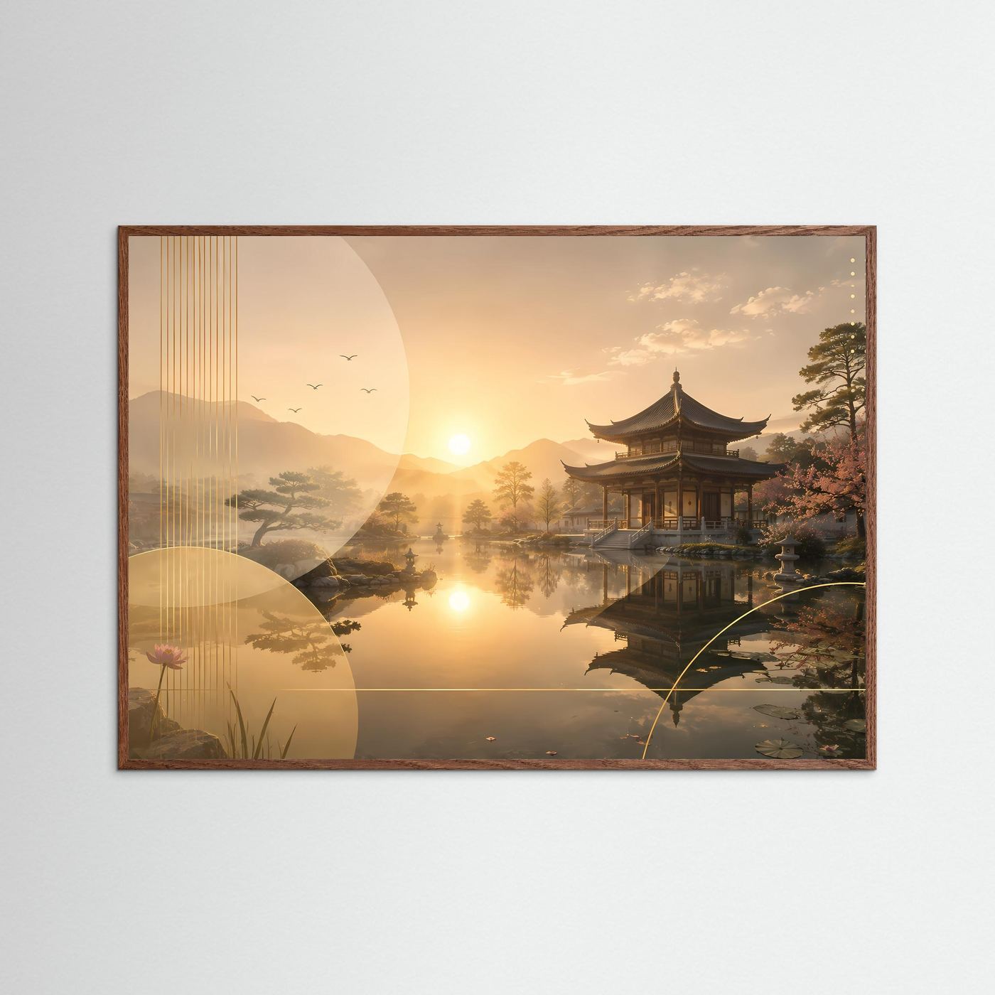 Wandkunst im dunklen Eichenrahmen: Tempelpavillon am See bei Sonnenaufgang mit Spiegelbild