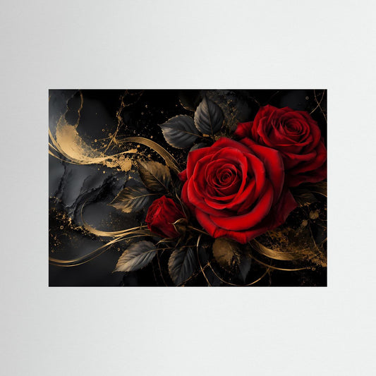 Dramatisches Rosenposter mit roten Rosen, goldenen Akzenten und dunklem Blattwerk im schwarzen Rahmen