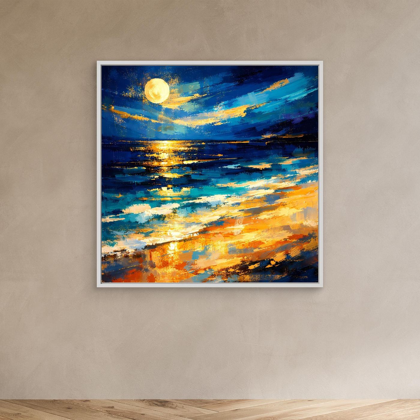 Leinwandbild mit leuchtendem Vollmond über abstraktem Meer in Blau- und Goldtönen im weißen Rahmen