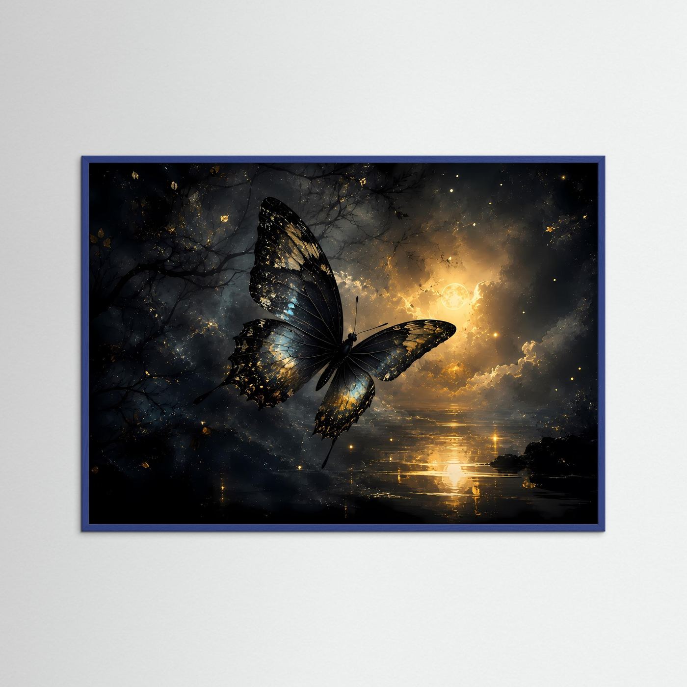 Schwarzer Schmetterling in Gold | Mystisches Fantasy Wandbild Querformat