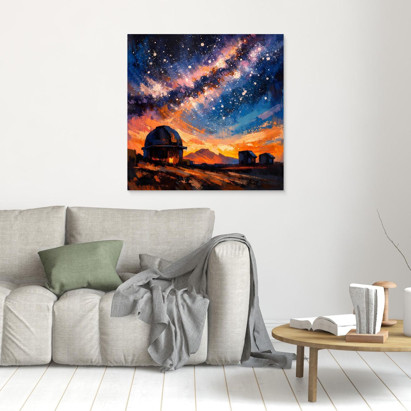 Kleines Wandbild: abstrakte Galaxie mit Sternen, Sternwarte mit Teleskop, dunkel gerahmt