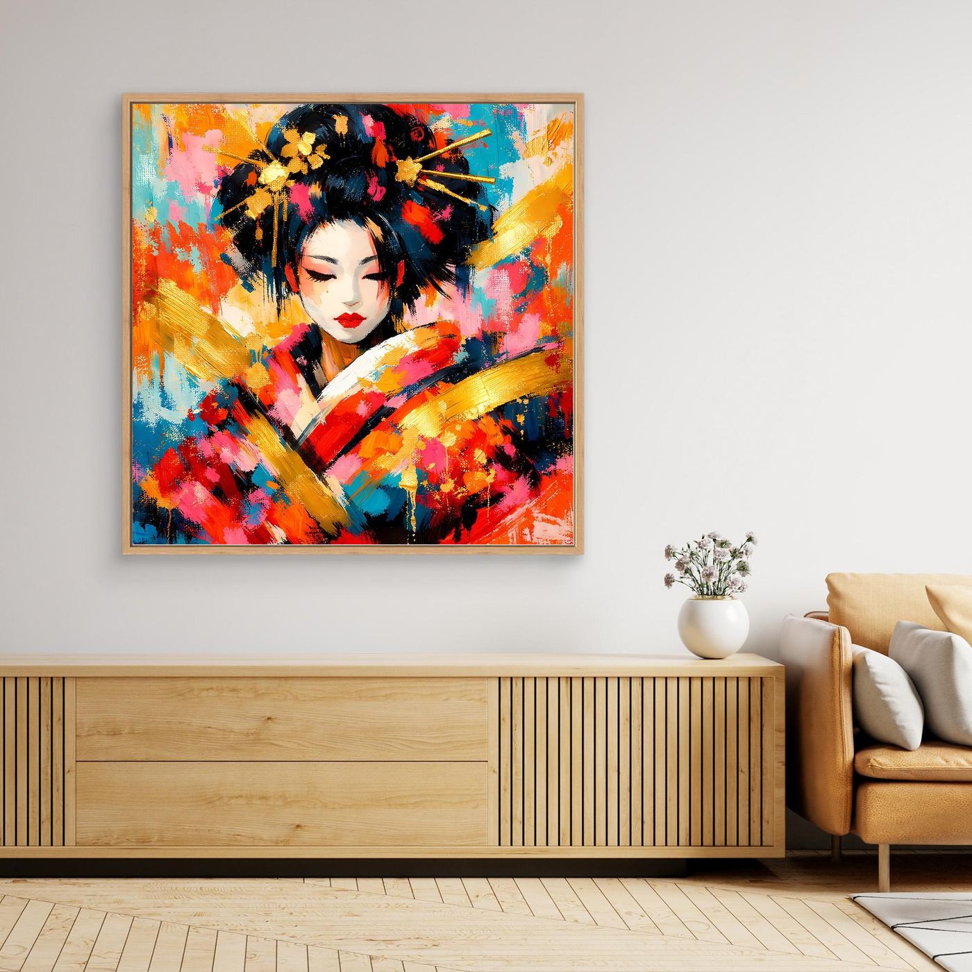 Leinwandbild Geisha-Porträt abstrakt, bunt, mit goldfarbenem Rahmen