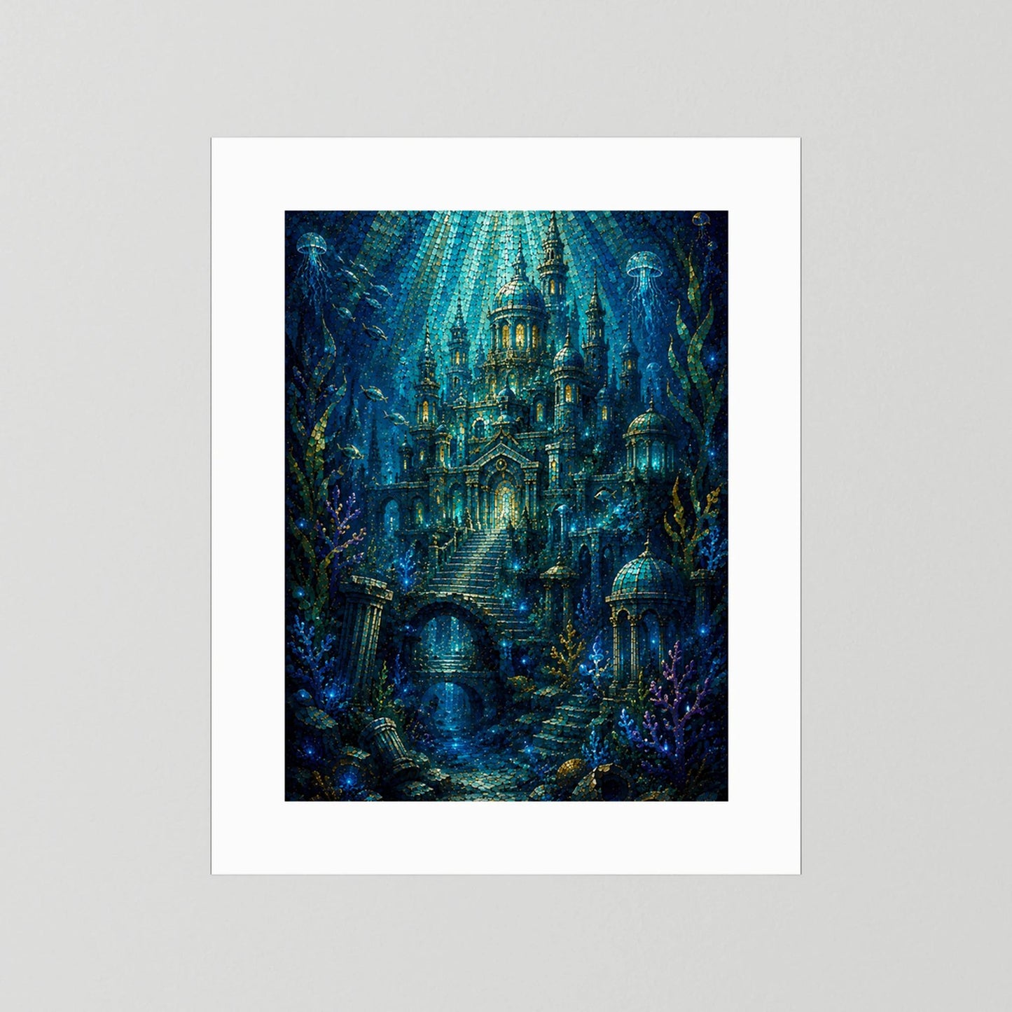 Hochformat-Poster mit Unterwasserstadt im Mosaikstil, Blau und Gold, ohne Rahmen
