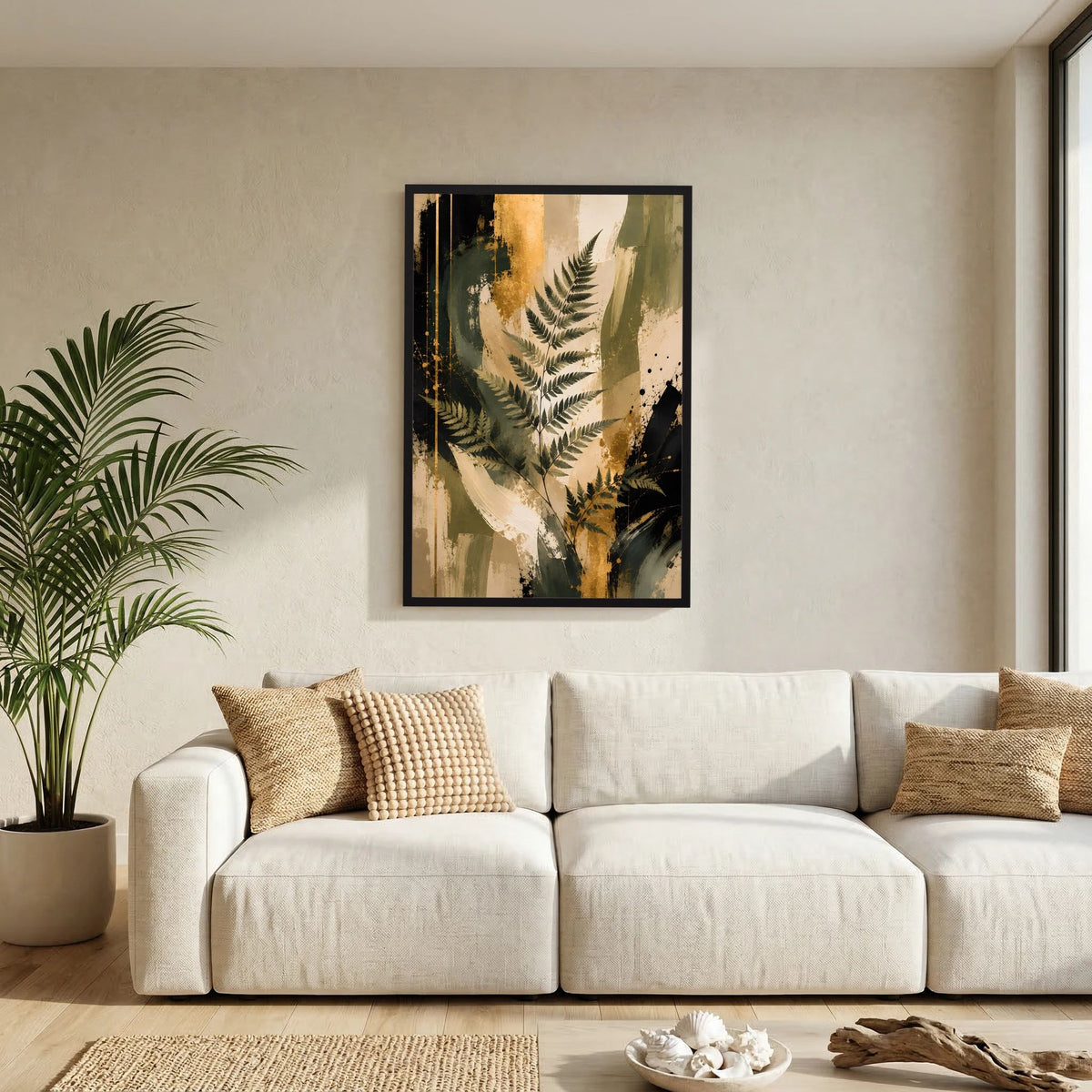 Abstraktes Farn-Kunstposter im Hochformat mit schwarzem Rahmen, Goldspritzer und Farnsilhouetten