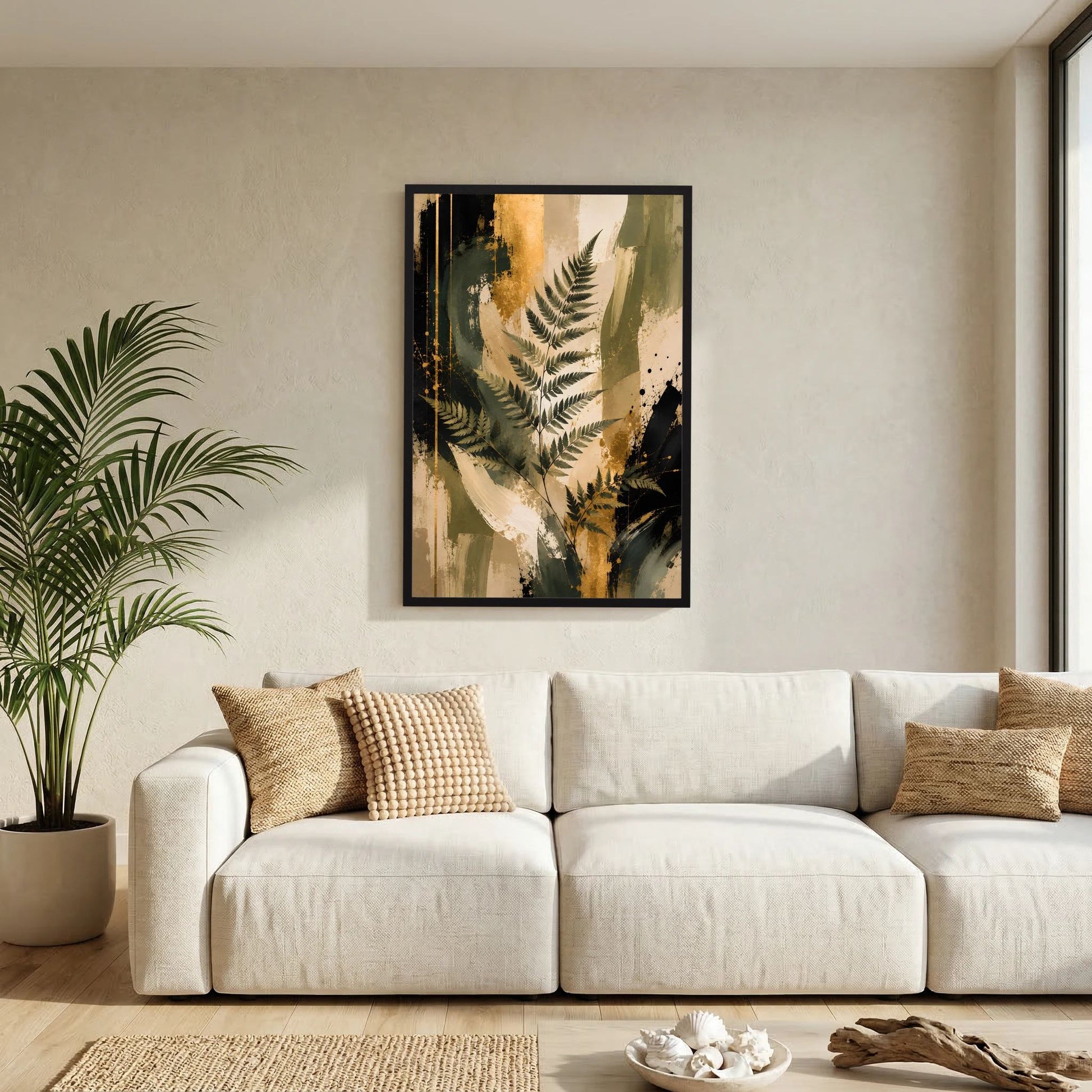 Abstraktes Farn-Kunstposter im Hochformat mit schwarzem Rahmen, Goldspritzer und Farnsilhouetten