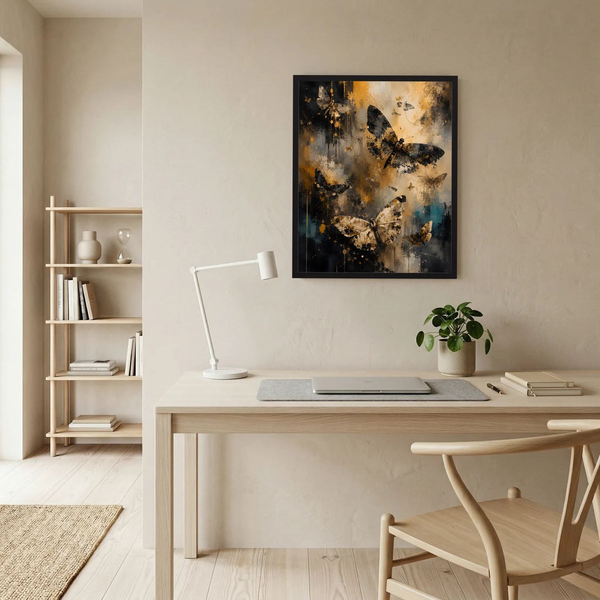 Abstraktes Schmetterlings-Wandbild mit schwarzen Flügeln und goldenen Sprenkeln, gerahmt