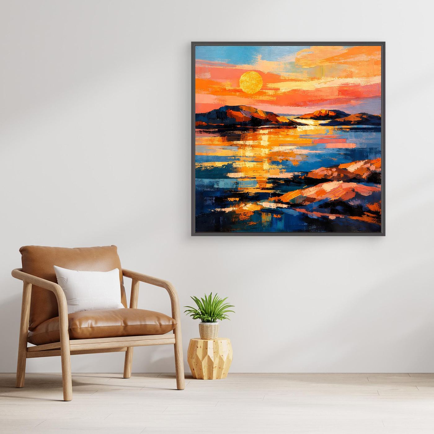 Abstraktes Leinwand-Wandbild mit Sonnenuntergang über dem Meer, orangegelbe Sonne und blaue Flächen