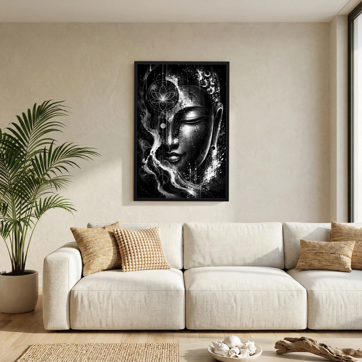 Poster mit abstraktem Buddha-Gesicht in Schwarzweiß, im schwarzen Rahmen an der Wand