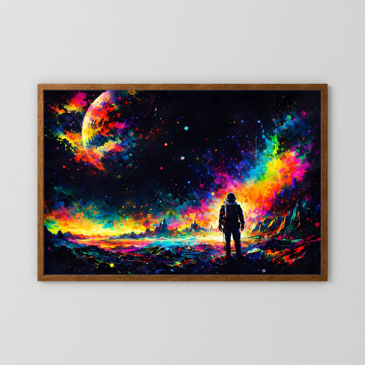 Wandbild mit Astronauten-Silhouette im Neon-Weltraum, eichenbrauner Holzrahmen
