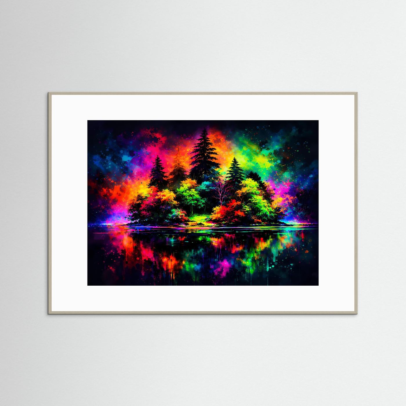 Neon-Naturposter mit Wald und Spiegelung, im grauen Holzrahmen, Querformat