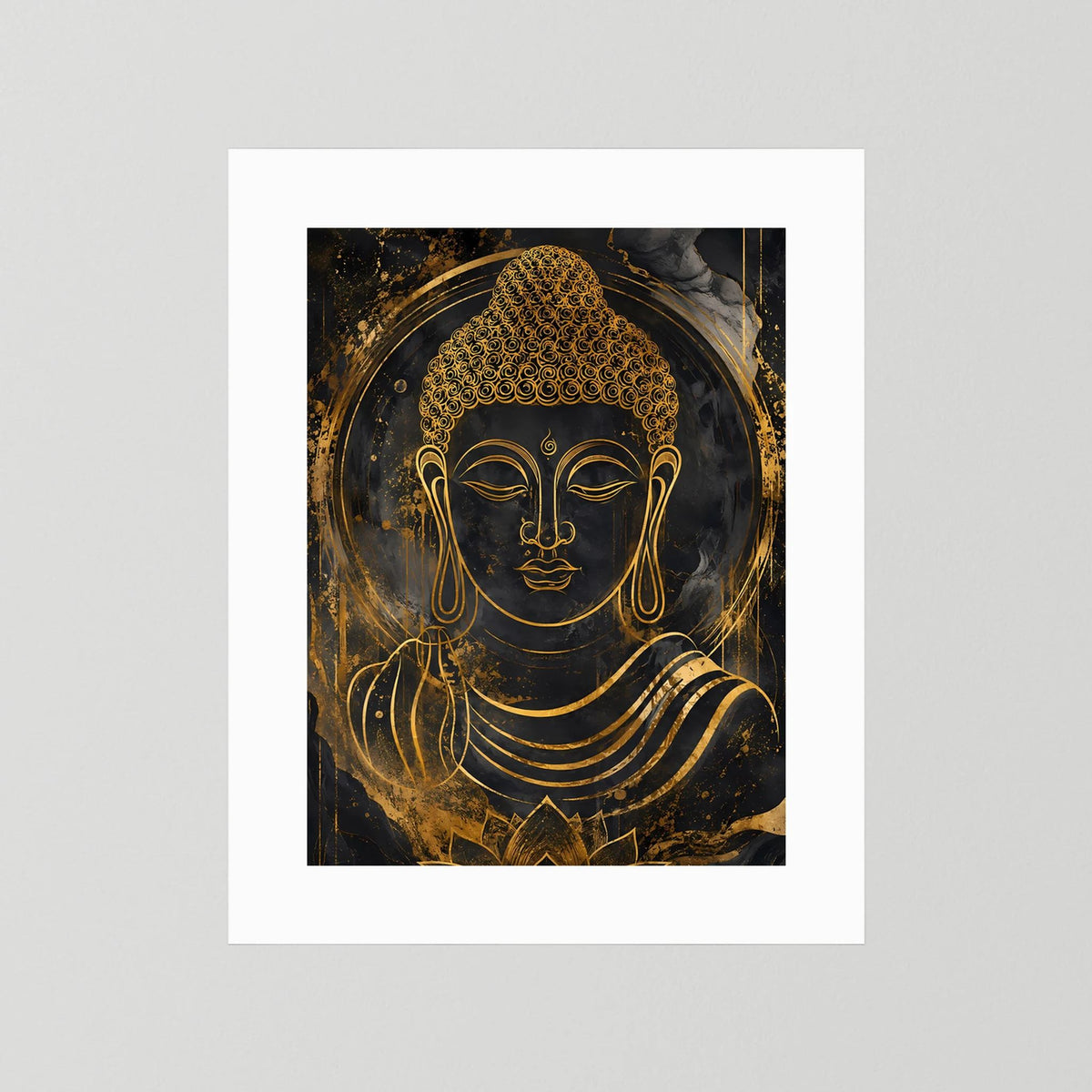 Buddha-Poster Hochformat ohne Rahmen: goldener Buddha mit Lotus auf dunklem Hintergrund