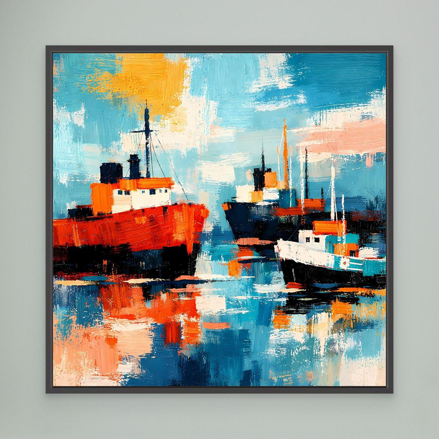 Leinwand-Wandbild mit abstrakten Schiffen im Hafen, schwarz gerahmt