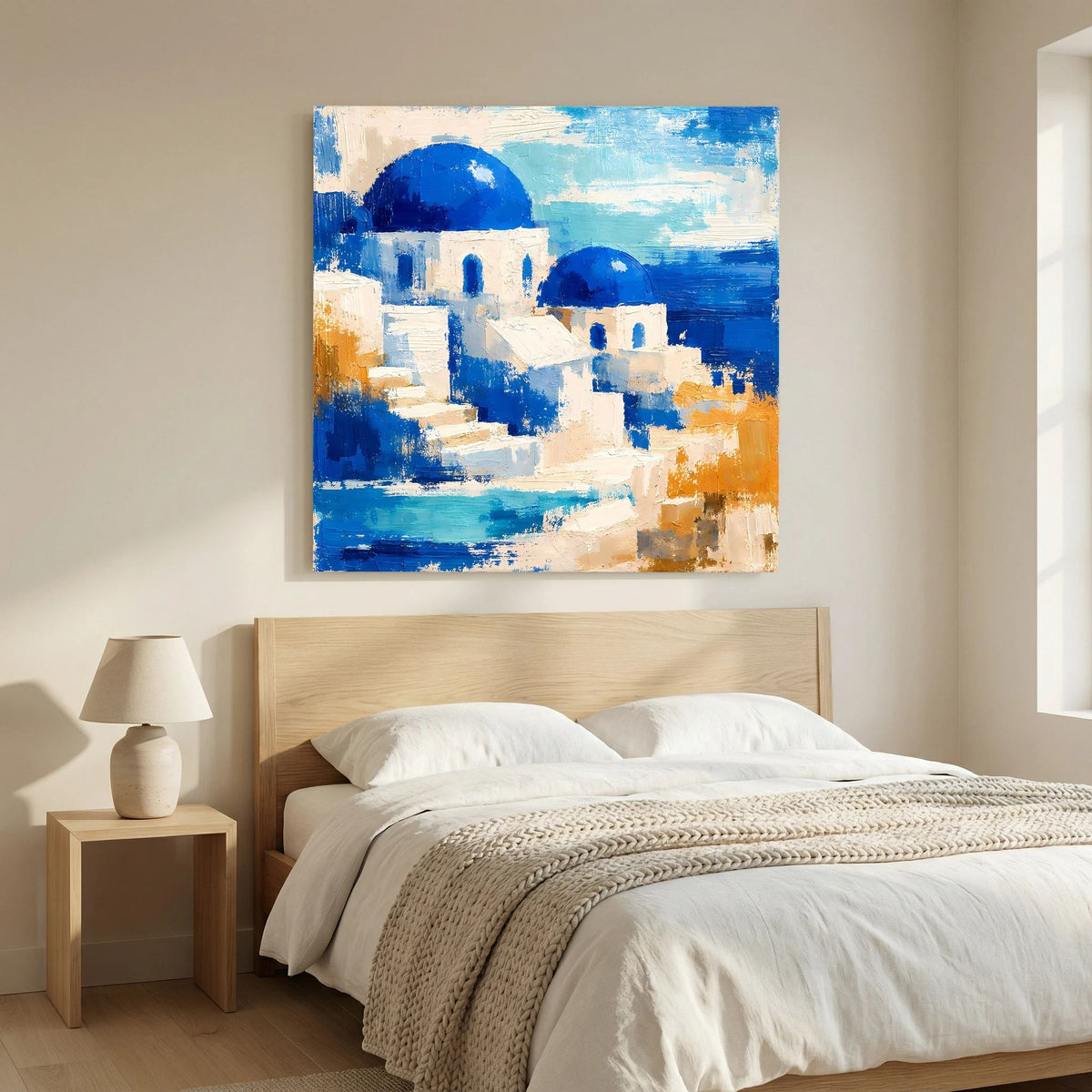 Quadratisches Leinwand-Wandbild mit weiß-blauen Gebäuden und orangefarbenen Akzenten