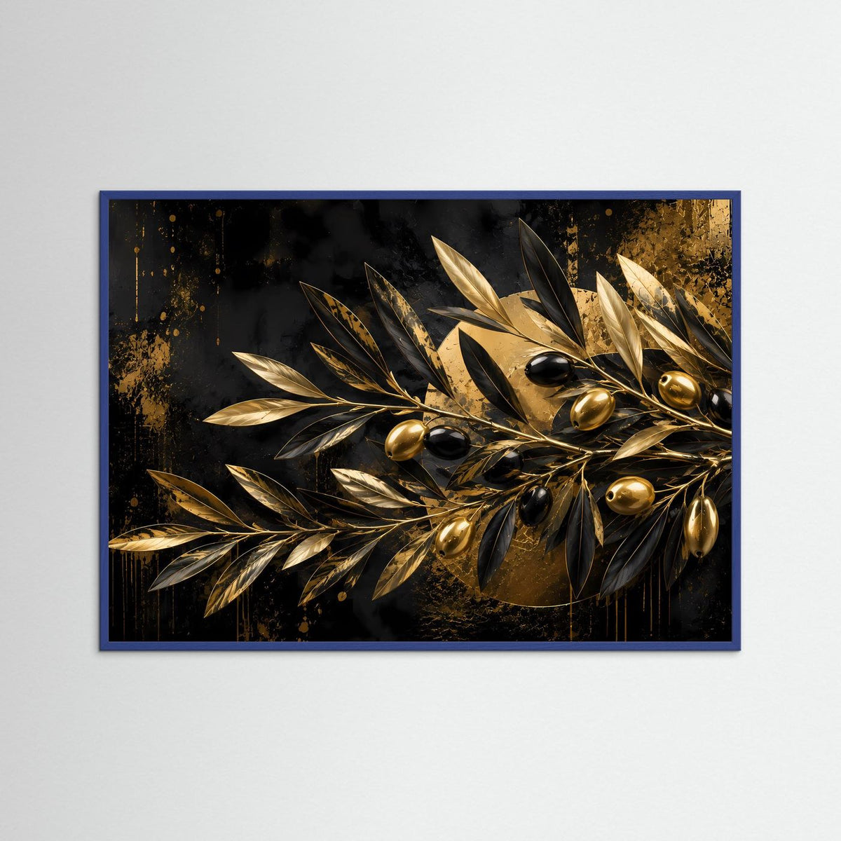 Abstraktes Poster mit goldenem Olivenzweig auf dunklem Hintergrund im blauen Rahmen