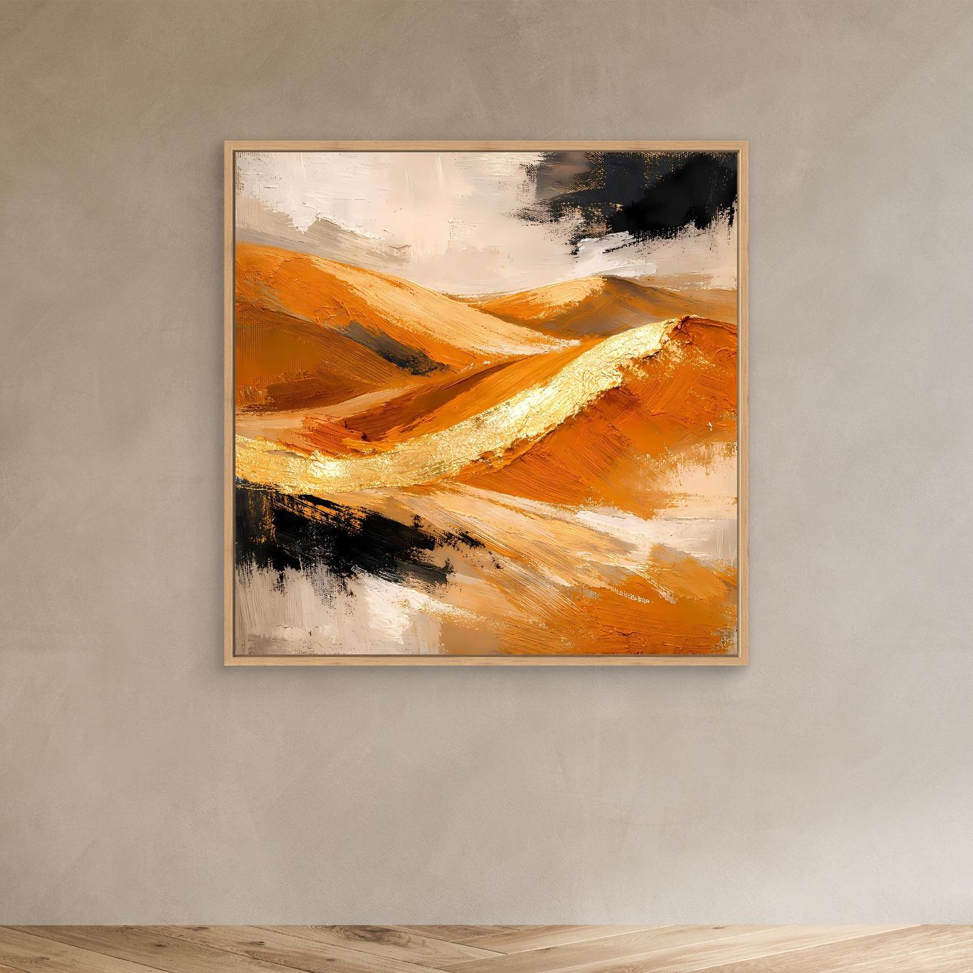 Eichenrahmen-Leinwand-Wandbild mit abstrakten Dünen in Gold und Orange