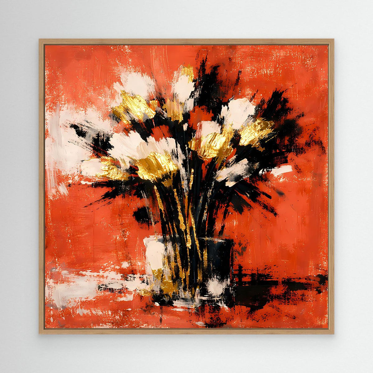 Leinwand-Wandbild mit abstraktem Blumenstrauß, Terrakotta, Weiß und Gold im Holzrahmen