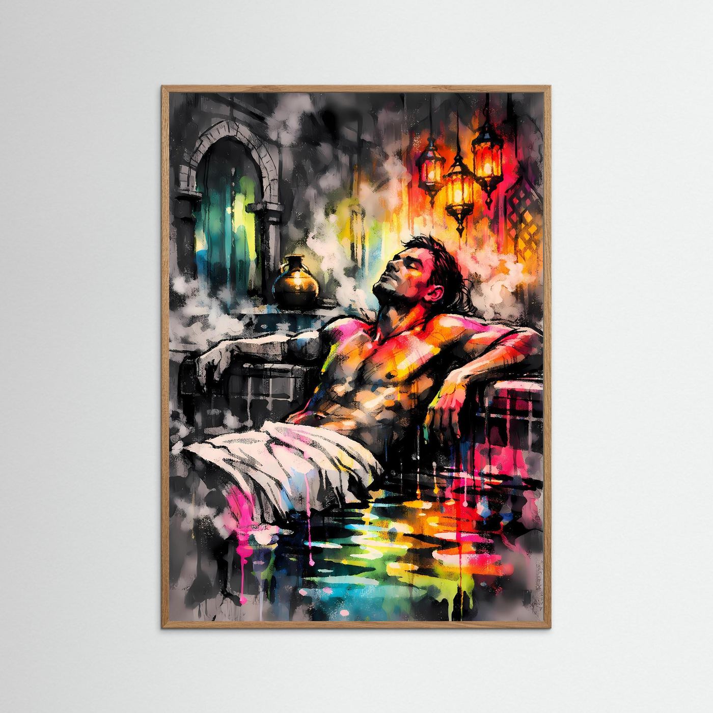 Die Kunst des Orients | Neon Hamam Poster mit orientalischer Silhouette & Regenbogen-Farben | Abstraktes Dampfbad Kunstposter Hochformat