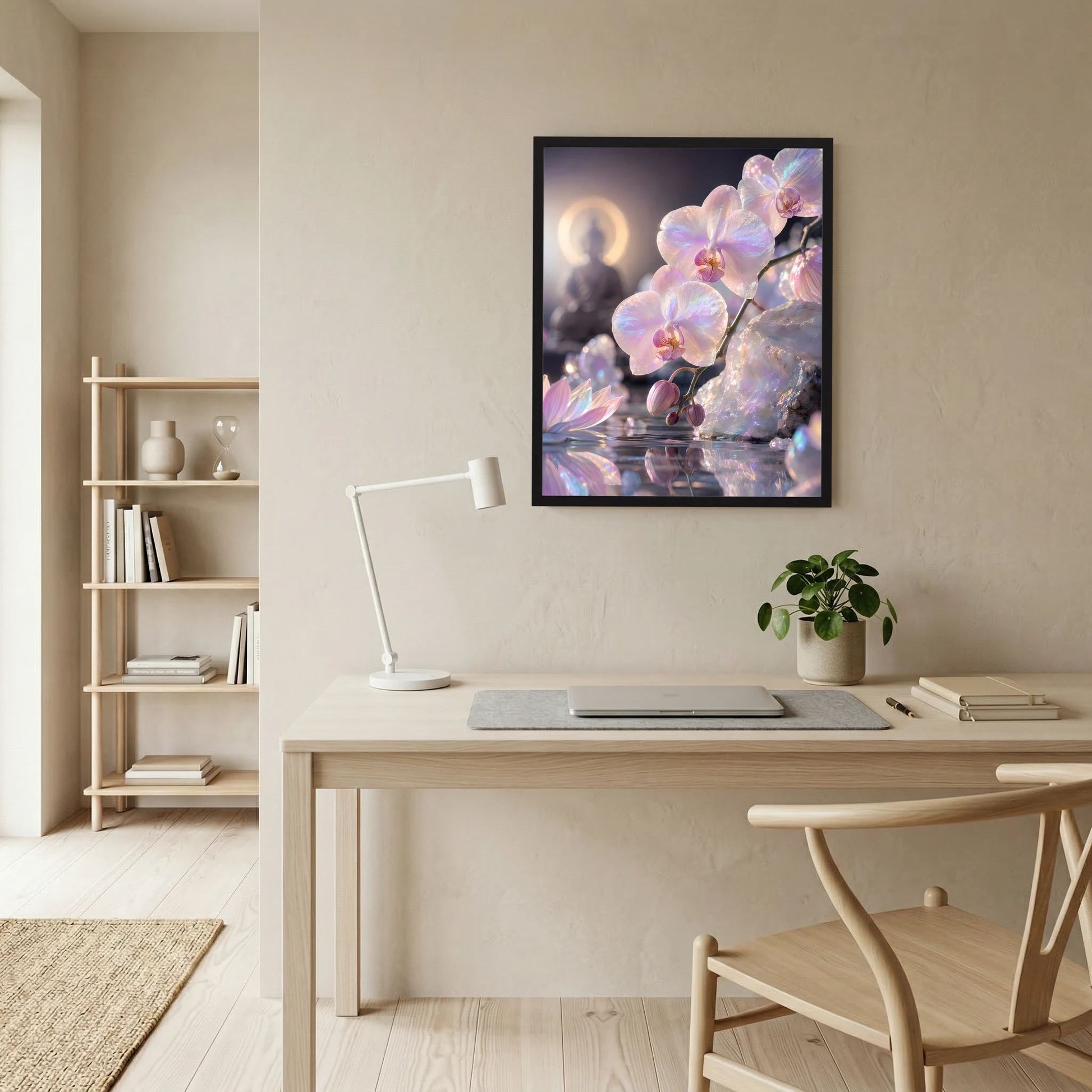 Gerahmtes Hochformat-Poster mit perlmuttfarbenen Orchideen und sanften Lila-Nuancen.