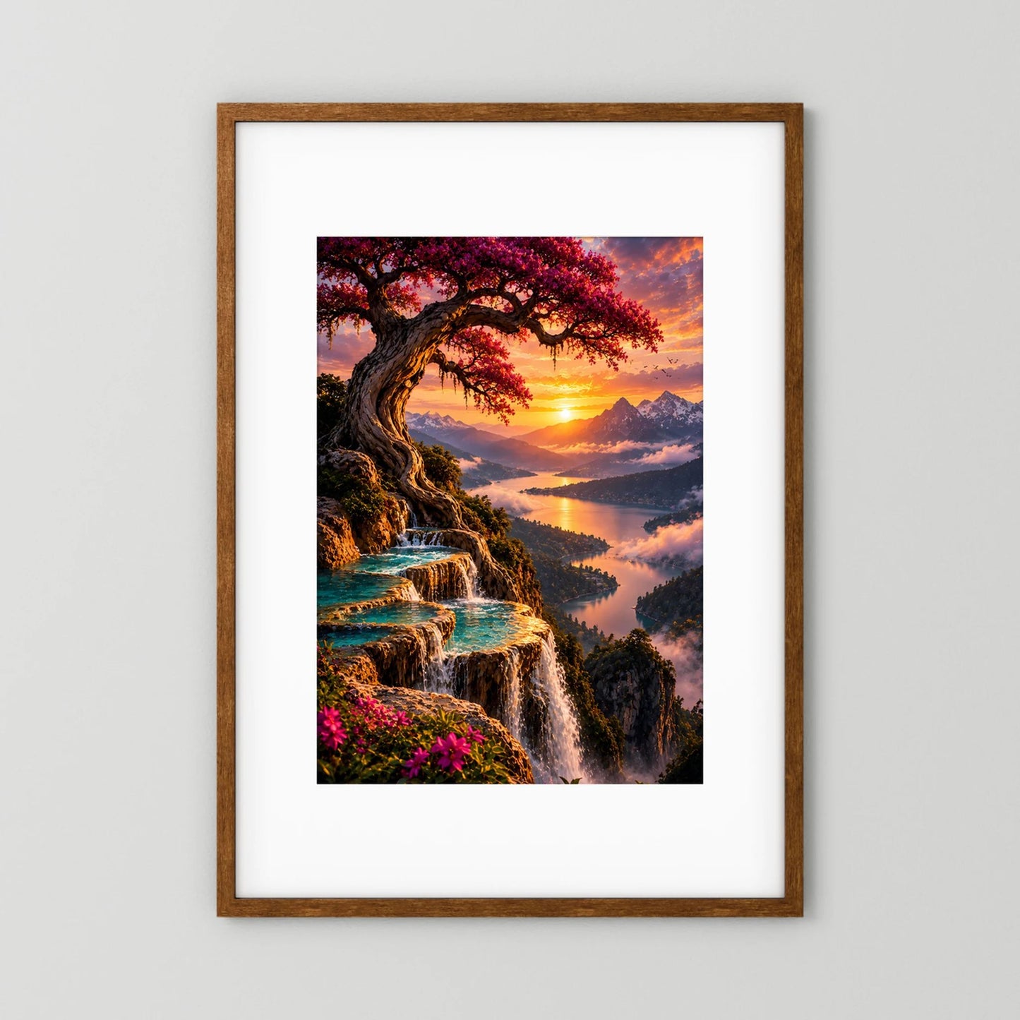 Magischer Baum über Bergsee | Wasserfälle im Sonnenuntergang | Poster Hochformat