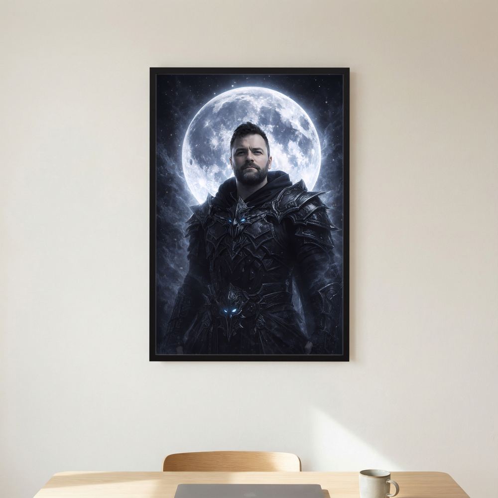 Fantasy-Poster mit Ritter in dunkler Rüstung vor Vollmond, schwarzer Rahmen
