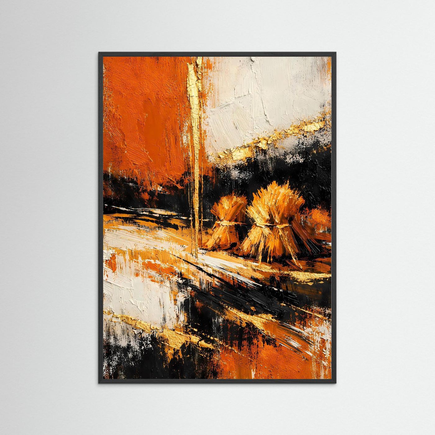 Gerahmtes abstraktes Kornfeld-Poster mit orangefarbenem und schwarzem Farbverlauf, Hochformat