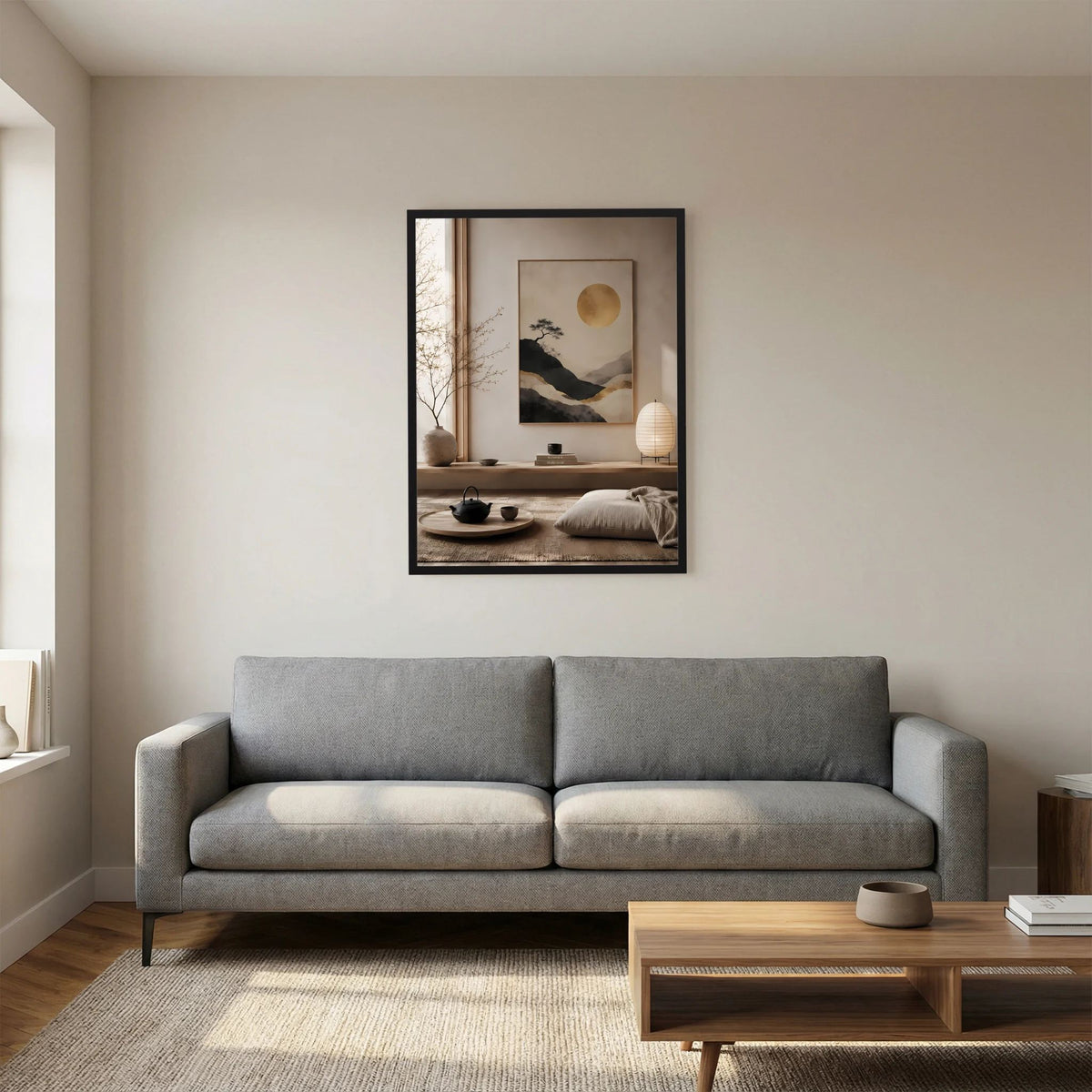 Poster an der Wand mit schwarzem Rahmen: goldene Sonne über Berglandschaft, minimalistisch.