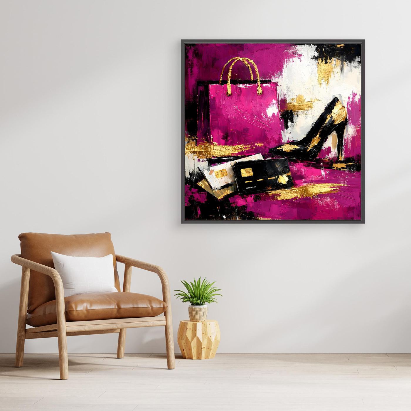 Leinwand Abstraktes Fashion Wandbild in Pink und Gold | Modernes High Heels & Shopping Gemälde