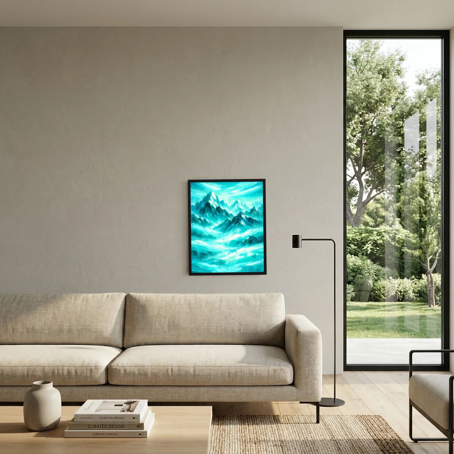 Gerahmtes Poster mit türkisweißer Berglandschaft an der Wand neben Sofa