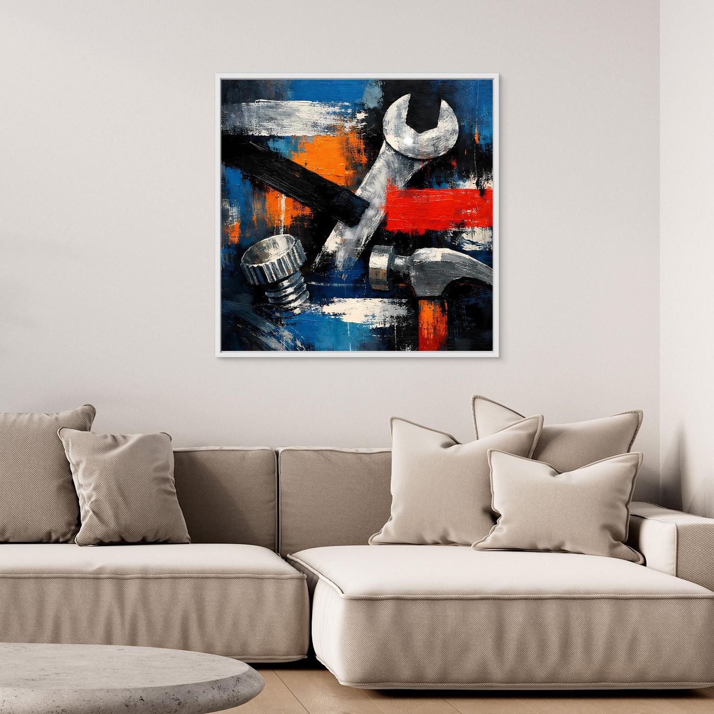 Square abstract tool wall canvas with wrench and hammer, blue and red splashes