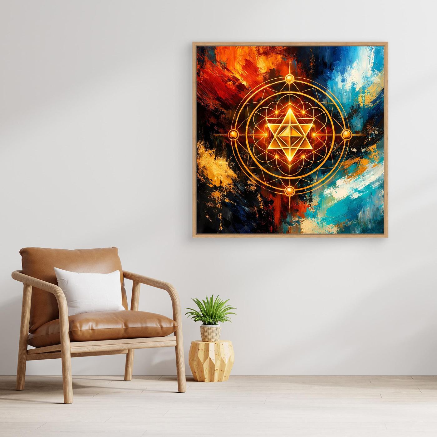 Leinwandbild mit Merkaba-Symbol in Gold, Rot und Blau, mit dunklem Rahmen über Sessel