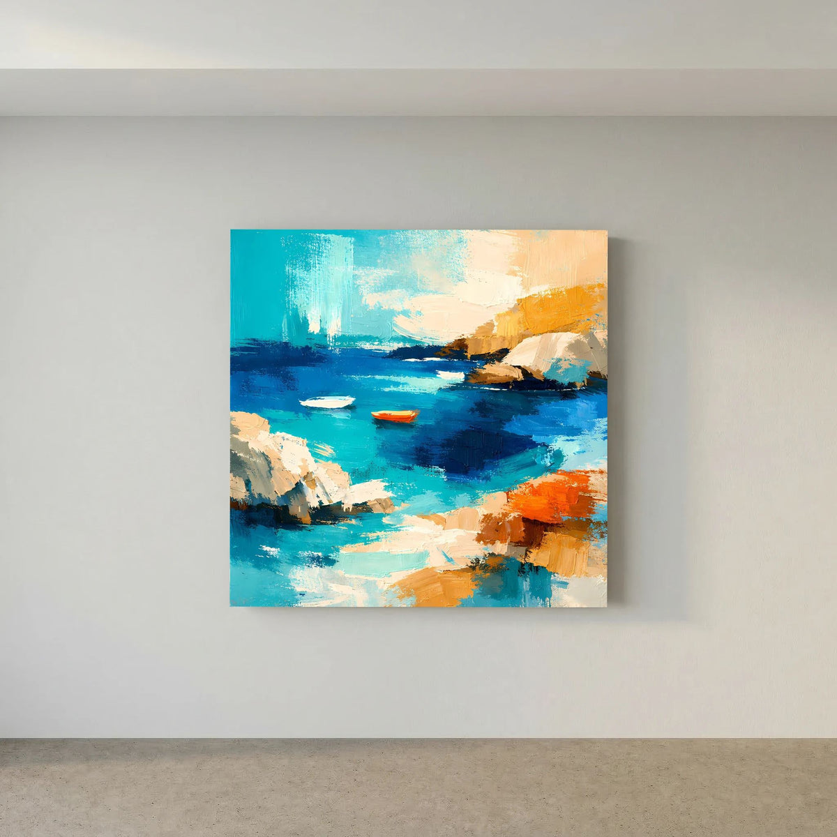 Abstraktes Wandbild auf Leinwand mit Meeresbucht, Booten und orangefarbenen Akzenten