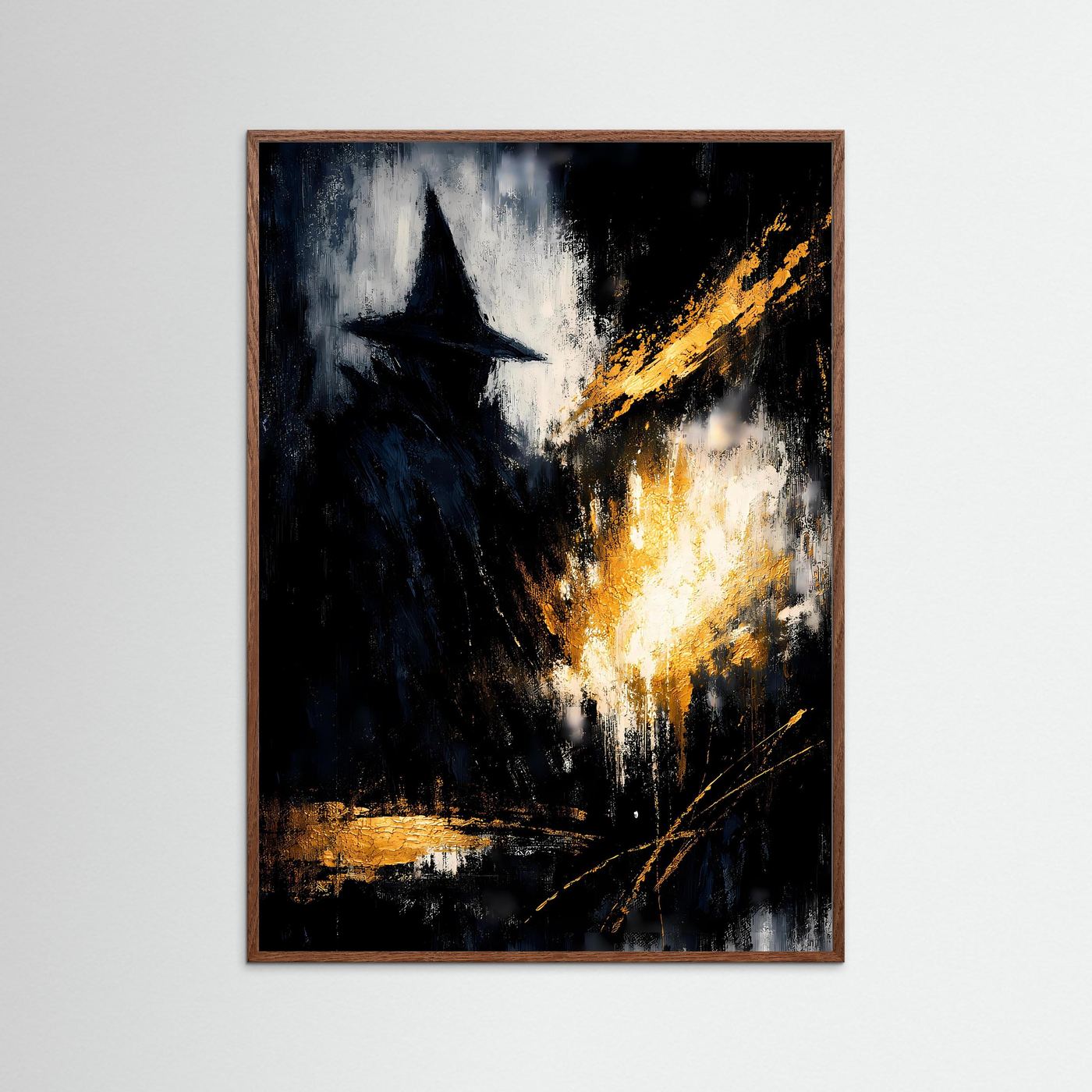 Zauberer-Poster im Hochformat mit Holzrahmen; abstrakte Figur in Weiß, dazu Goldspritzer auf Dunkelblau/Schwarz