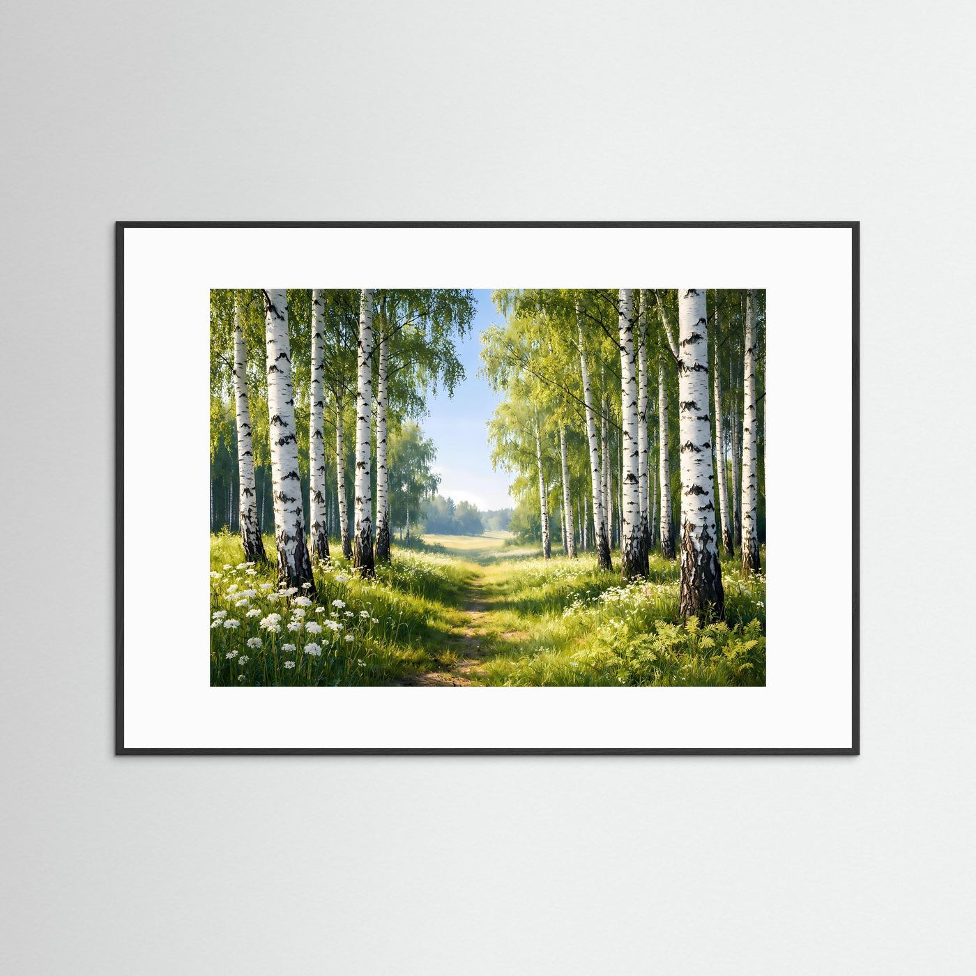 Wandposter Birkenwald und Wiesenweg im Querformat, mit schwarzem Holzrahmen